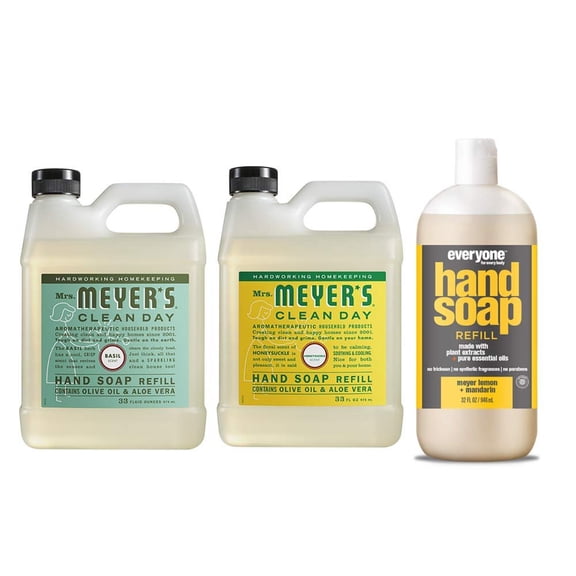 Mrs. Meyers Clean Day Liquid Hand Soap Refill, 1 Pack Basil, 1 Pack Honey Suckle, 33 OZ each include 1 12.75 OZ Bottle of Hand Soap Meyer Lemon