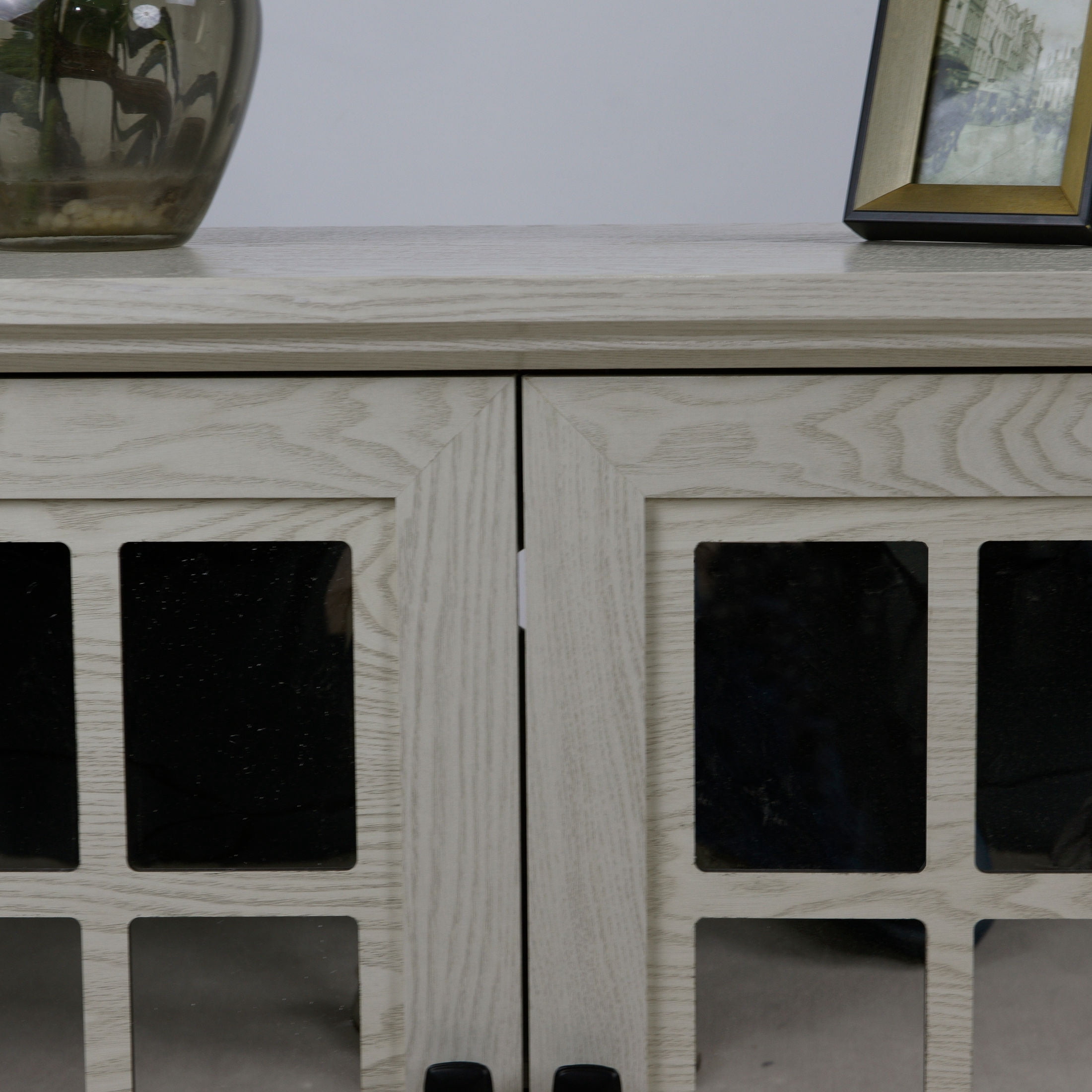 GDF Studio Janus 2-Door Acrylic Mirrored Sideboard Cabinet, Rustic Kitchen Storage Cupboard, Adjustable Shelf, White Oak