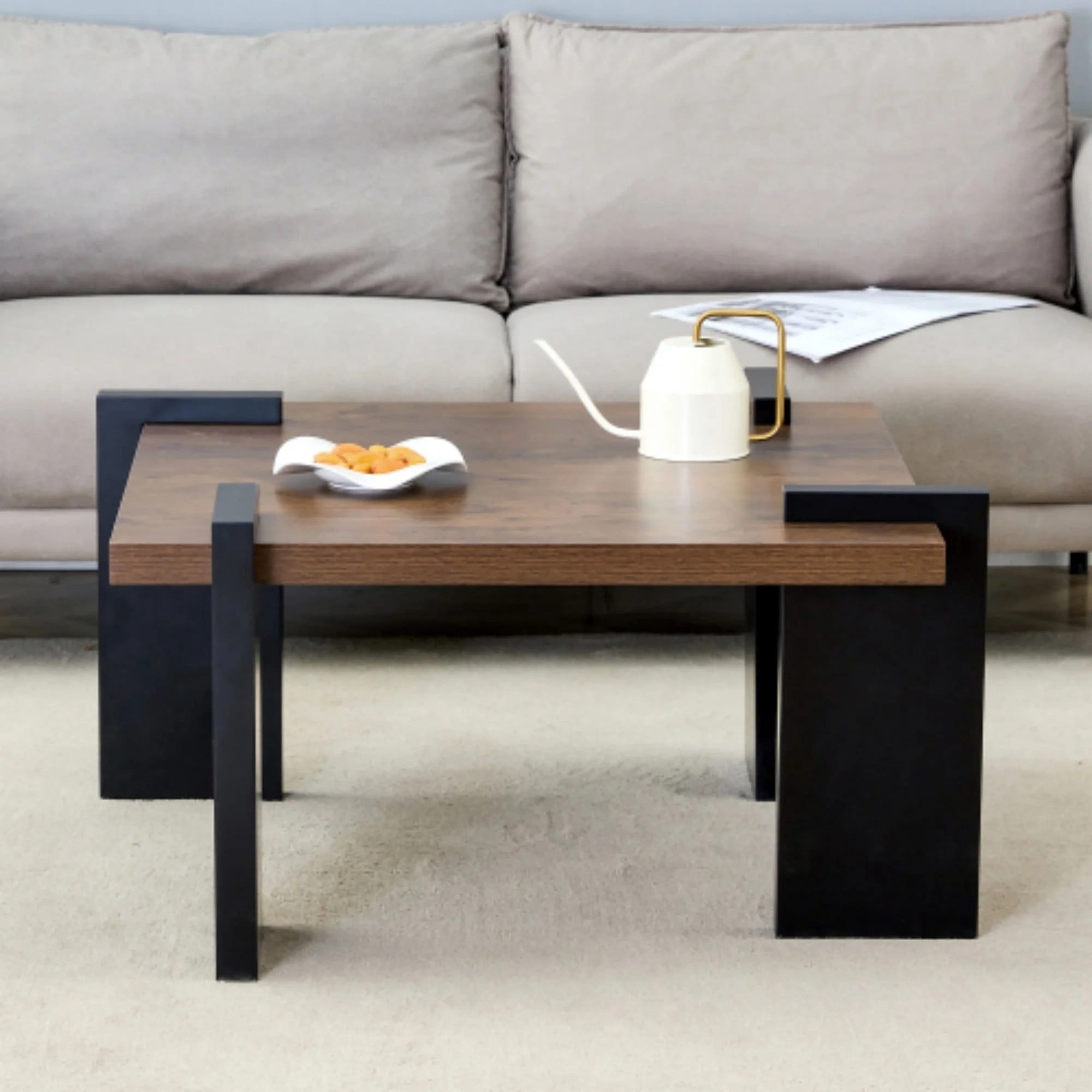 TesNus Modern Square Coffee Table with 4 Legs, Walnut Accent Table with Unique Design for Living Room or Bedroom, Durable and Easy to Clean Furniture Piece