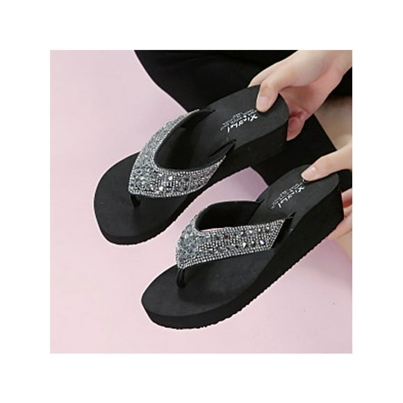 UKAP Pantoufles pour Femme à Strass, Sandales Compensées et à Plateforme, Sandales de Plage de Magasinage, Légères, Noires, 6
