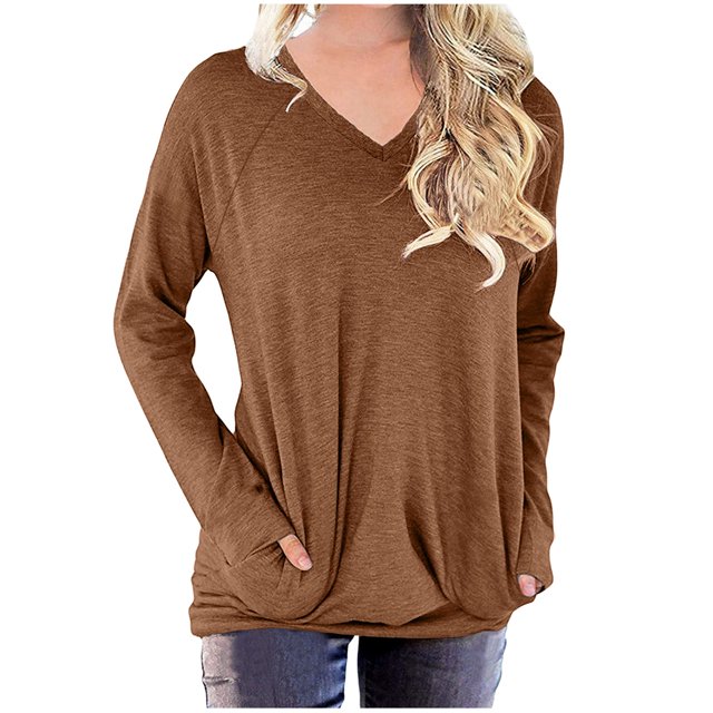 Jsaierl 2024 Fall Long Sleeve Shirts for Women Casual V Neck Tops Loose Fit Basic Solid Tees Plus Size Workout Blouses with Pockets