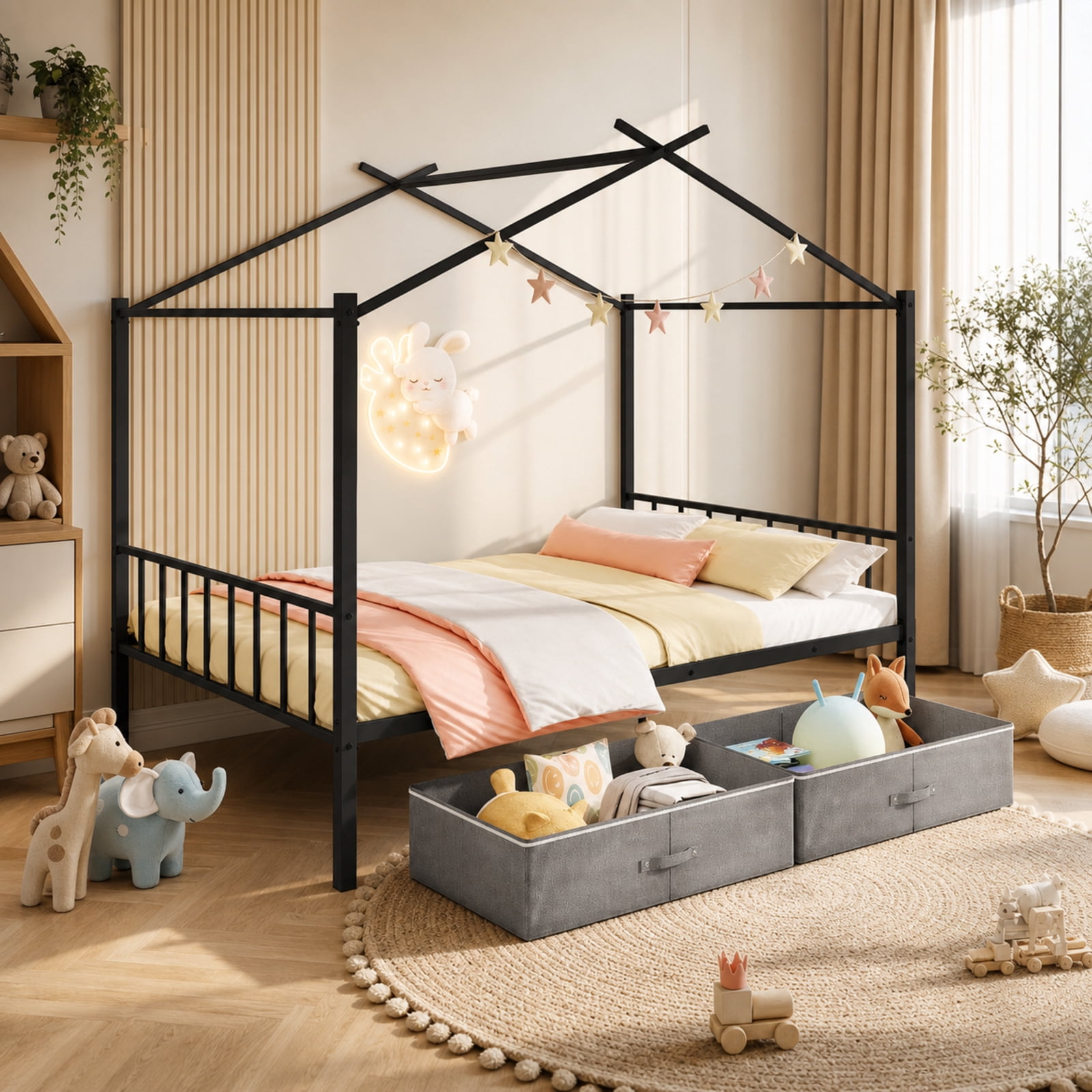 Furnibear Full Metal House Bed with 2 Foldable Fabric Drawers 12 Heavy Duty Slats 660 lbs Capacity Noise Free Foam and Anti Slip Foot Pads, Black