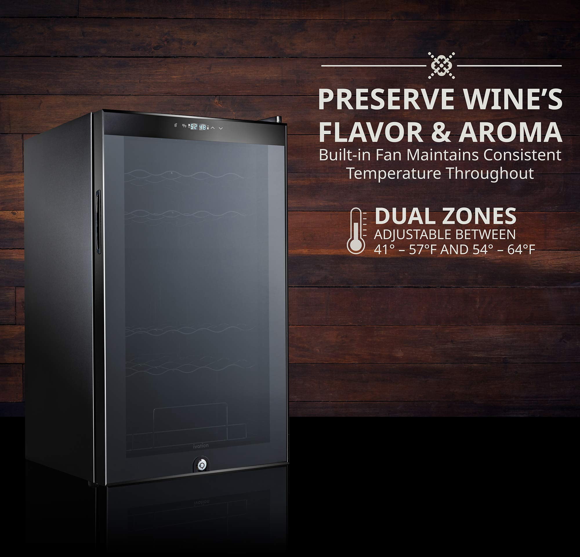 IVATION 33-Bottle Dual Zone Freestanding Wine Refrigerator with Lock, Black