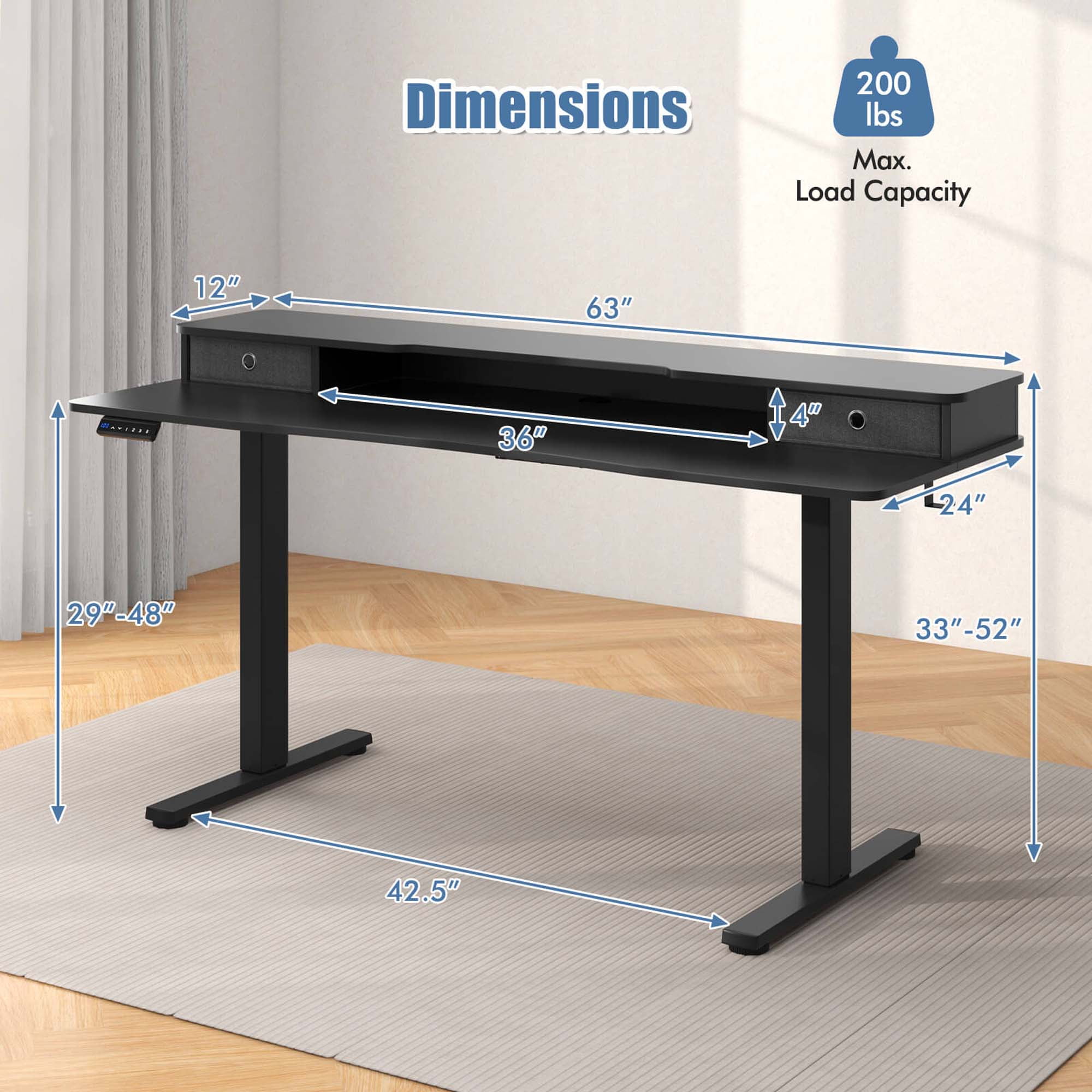 Costway 63" x 24" Electric Standing Desk with 2 Drawers Monitor Stand Storage Shelf Black