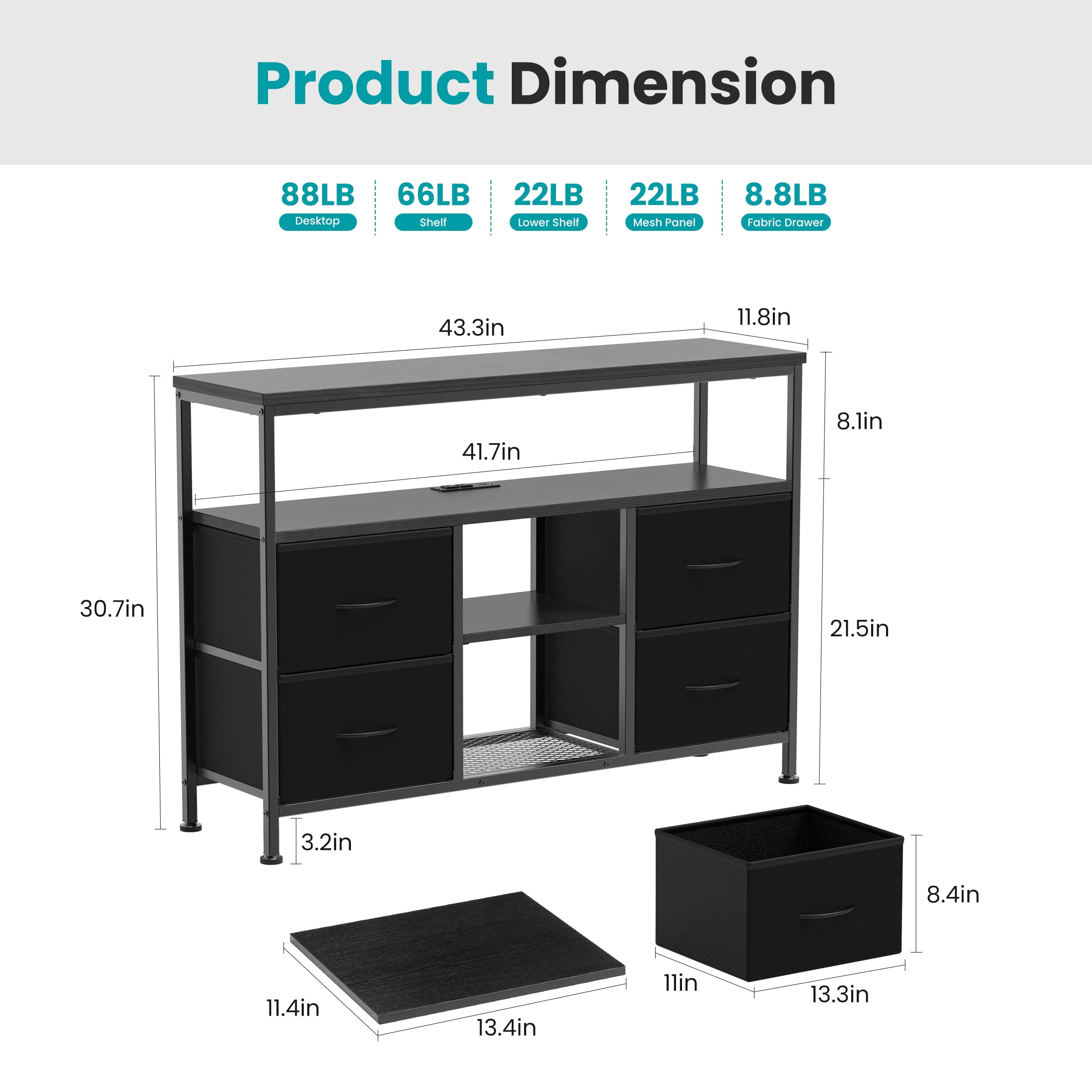EDX TV Stand with Power Outlets and LED Light for 43-inch TV, Double-layer 4 Fabric Drawers for Living Room/Bedroom, Black
