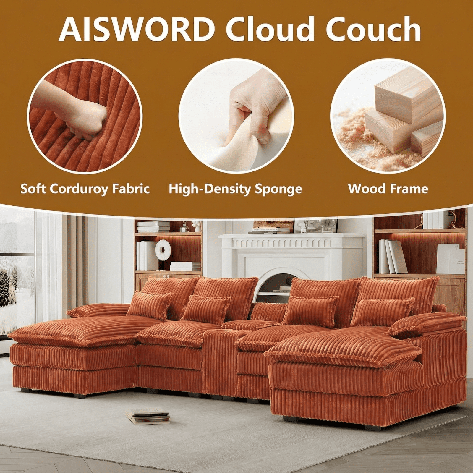 Aisword 124" U Shaped Cloud Couch Sectional with USB Charging, Hidden Storage, Cup Holders & Chenille Double Chaise, Orange