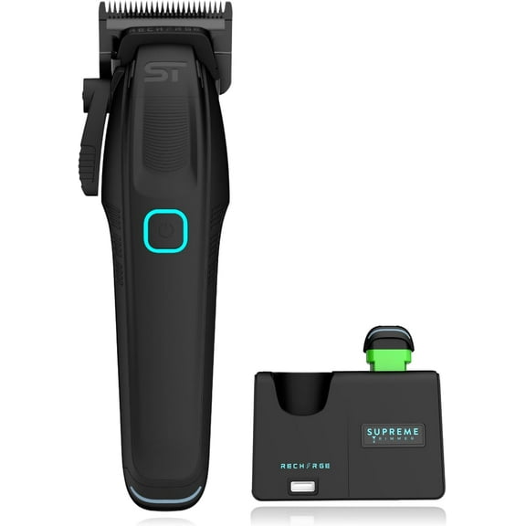 Supreme Trimmer Recharge Clipper - Professional Hair Clipper with 2 Removable Batteries, Brushless Motor, Smart Charge Stand, USB-C Charge & DLC Blades Barbers | STC779