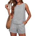 thumbnail image 3 of Laqbezok Women's 2-Piece Linen Cotton Set, Casual Sleeveless Striped Tank Top and Shorts with Pockets, Loose Fit Summer Beach Outfits Loungewear, 3 of 6