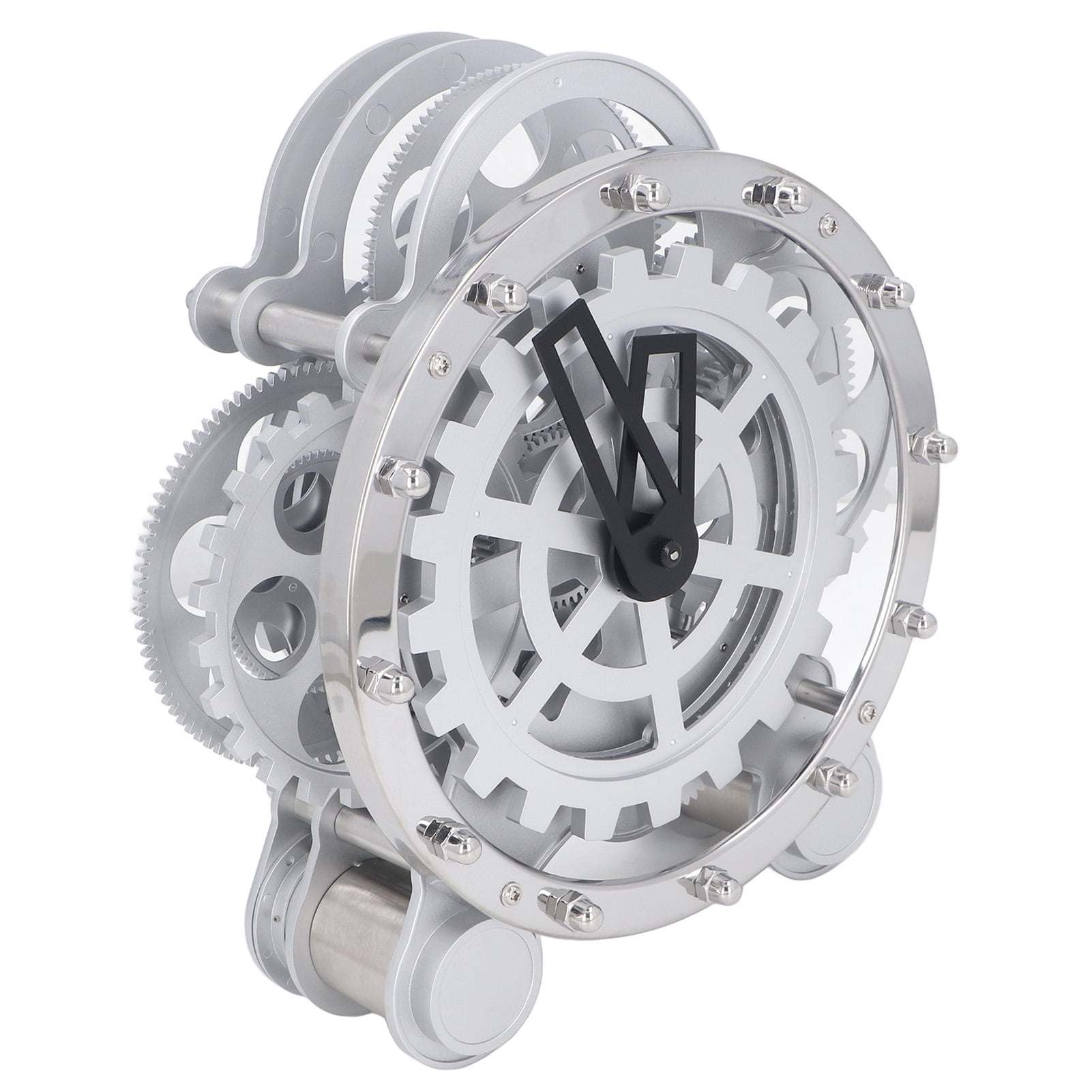 Vintage Industrial Gear Rotating Desk Clock Double Foot Stand Stainless Steel Mechanical Tabletop Decorative Timepiece for Living Room Office (13.38in / 34cm)