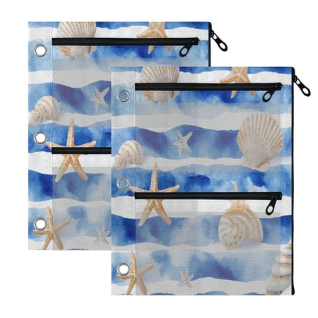 2 Pack 3-Ring Binder Pencil Pouch with Clear PVC Windows Blue Nautical Stripes Pattern Large Capacity Stationery Bag for Classroom Office Supplies
