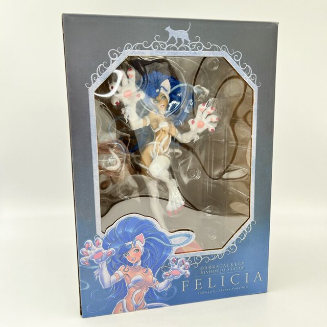 figura de anime darkstalkers para adultos, bishoujo, lilith, felicia sexy girl, vampire morrigan, aensland action figure, butter toys, 22cm26 cm con caja al por menor Caja con ventana frontal que muestra figura de Felicia (PVC/ABS) escala 1/7, altura aproximada 22–26 cm; figura en pose dinámica con cabello azul largo, orejas y guantes blancos con almohadillas rosadas, molde interior de plástico transparente y arte impreso en la parte frontal. Adecuada para coleccionistas adultos y exhibición en estantería.