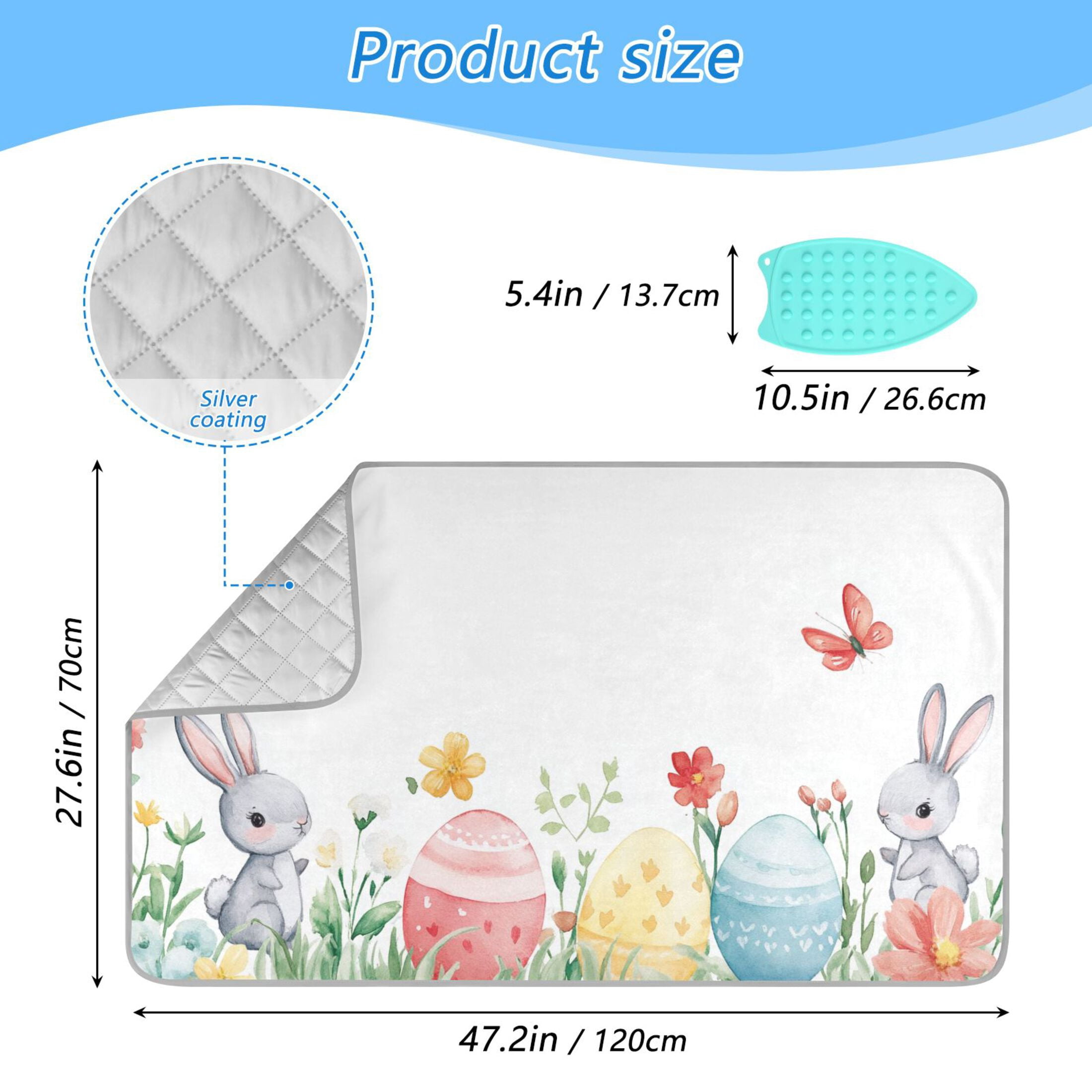 Little Rabbits Easter Eggs Florals Butterflies Ironing Mat Blanket Portable Travel Ironing Pad Heat Resistant Pad 47.2" x 27.6”