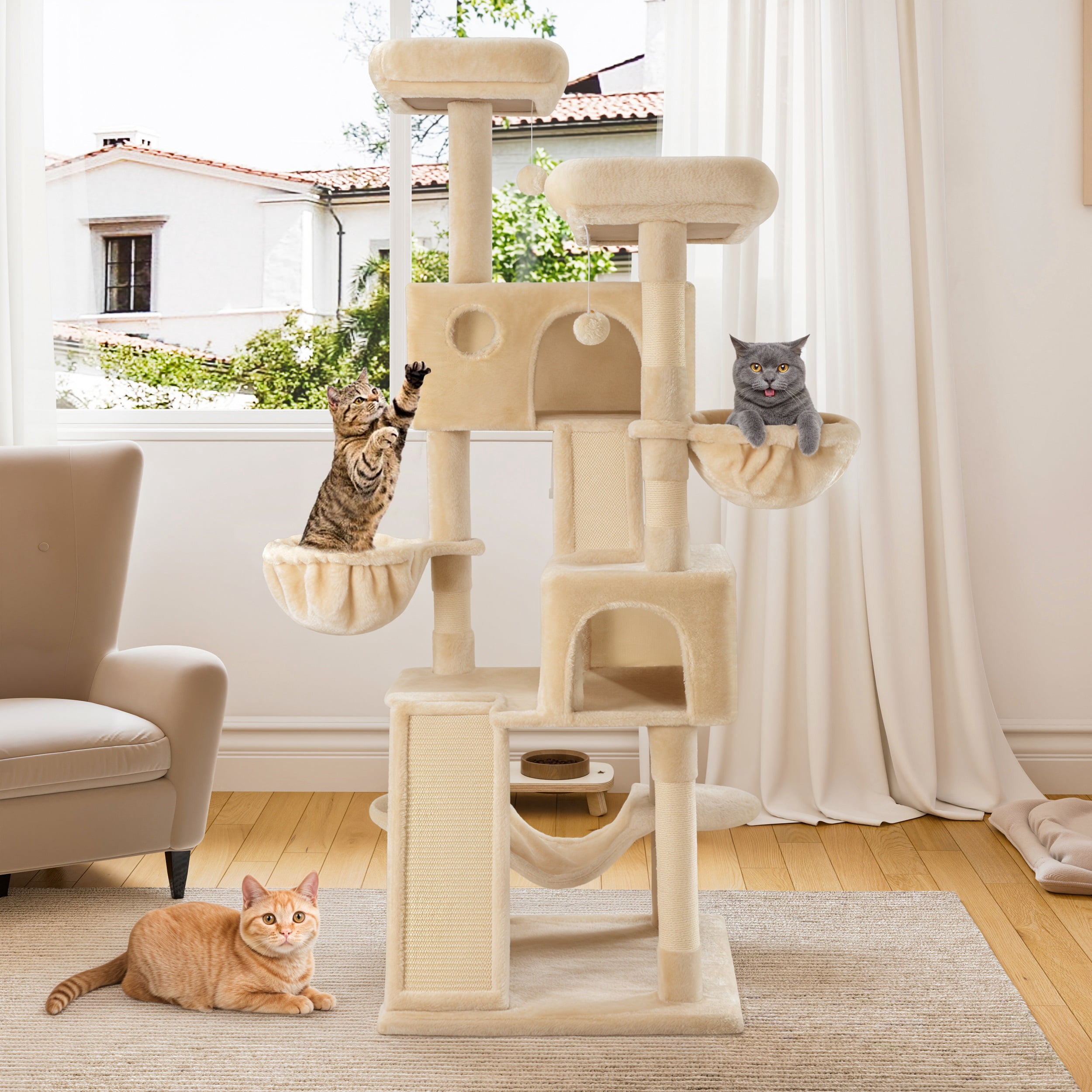 Einfach 65.7" Large Cat Tree and Tower for Cats, Condo House with Hammock, 2 Scratching Boards & 5 Scratching Posts, Beige