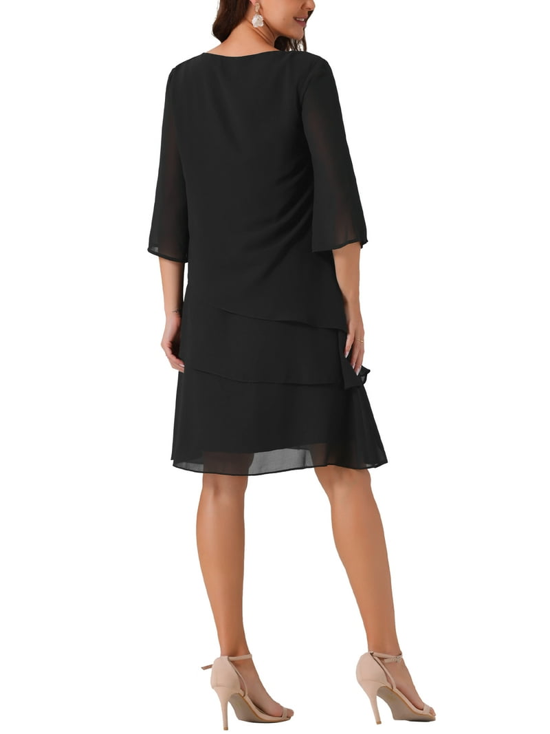 INSPIRE CHIC Women's Chiffon Dress Ruffle Tiered Flowy 3/4 Sleeve A-Line Knee  Length Dress L Black - Walmart.com