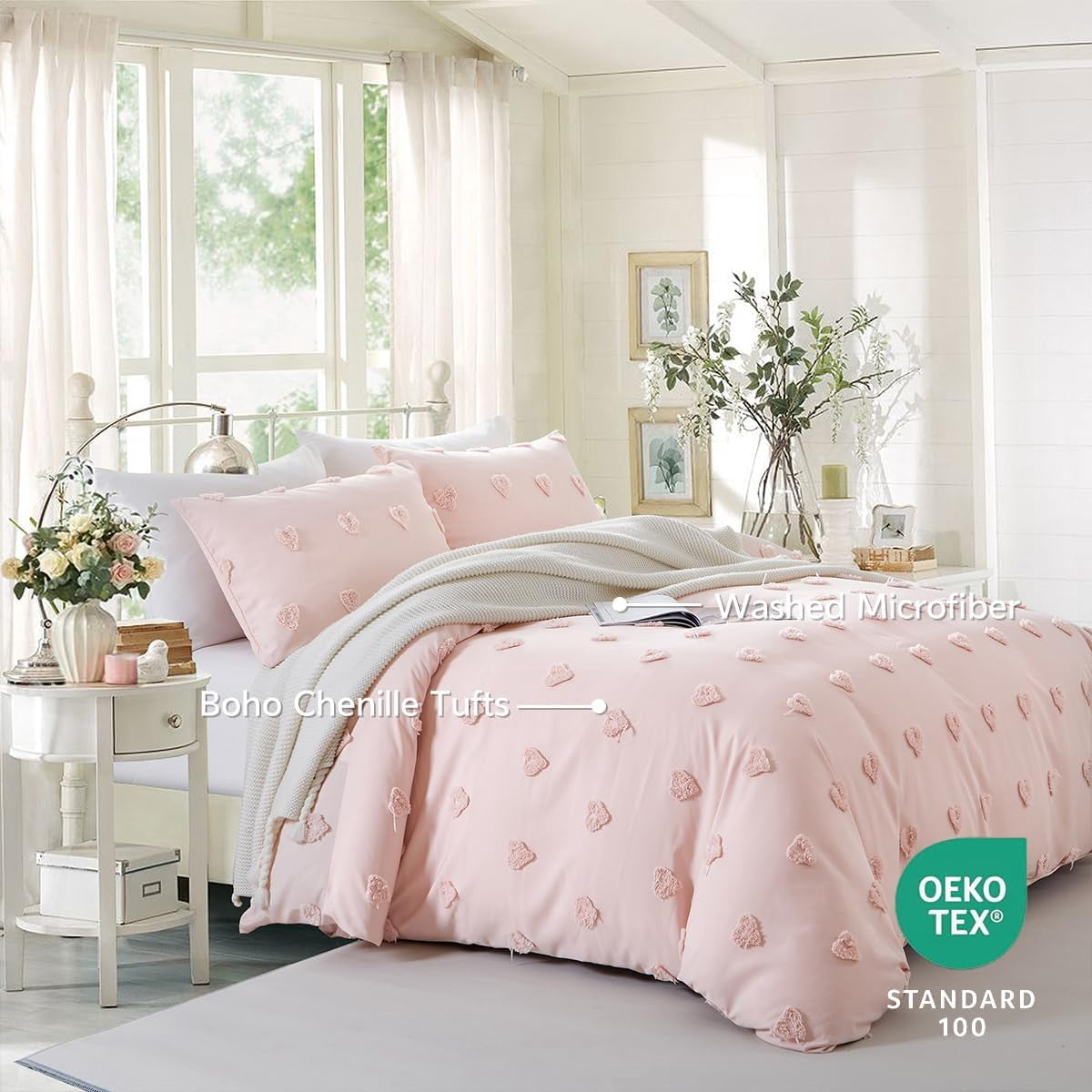 JOLUSERE Pink Tufted Heart Dot Duvet Cover Queen Set, 3 Pieces Ultra Soft Jacquard Embroidery Shabby Chic Bedding Set for All Season