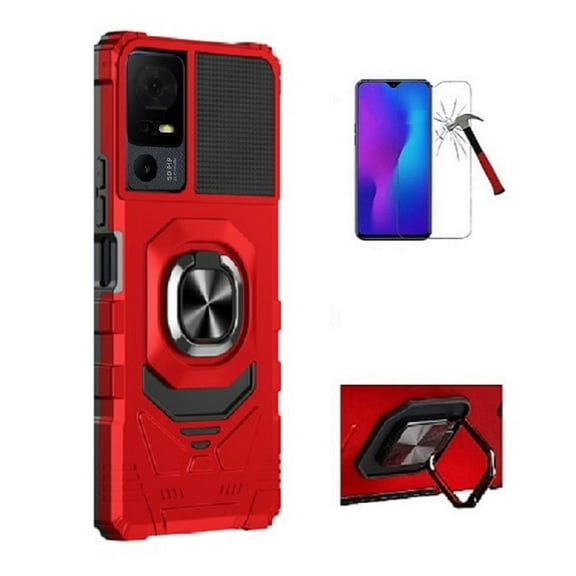 Phone Case for TCL 40XE 5G, Ring Kickstand Hybrid Case Cover   Tempered Glass (Red)
