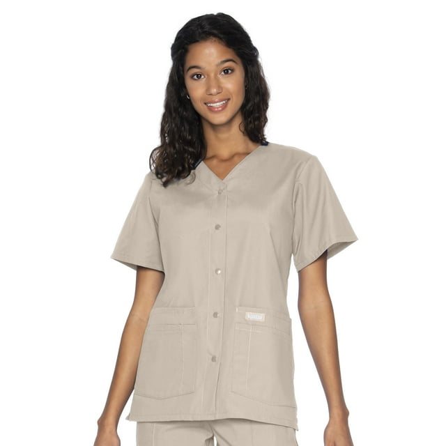 Landau Essentials Haut d'Uniforme à Boutons-Pression pour Femme, Coupe Classique Décontractée, Col en V, 4 Poches