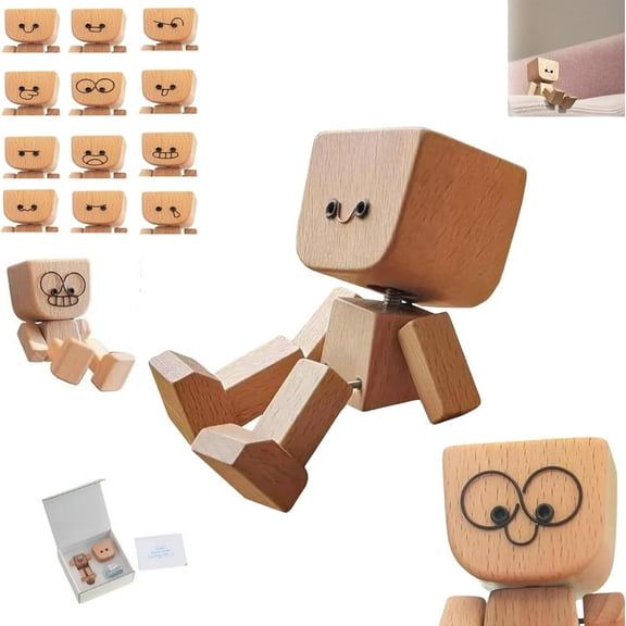 Shaking Wooden Man Figurine, Charming Little Wooden Figure That Sways, Handmade Shaking Woodens Doll with 12PCS Magnetic Expressions, Delicate Wood Desktop Dashboard Car Gifts