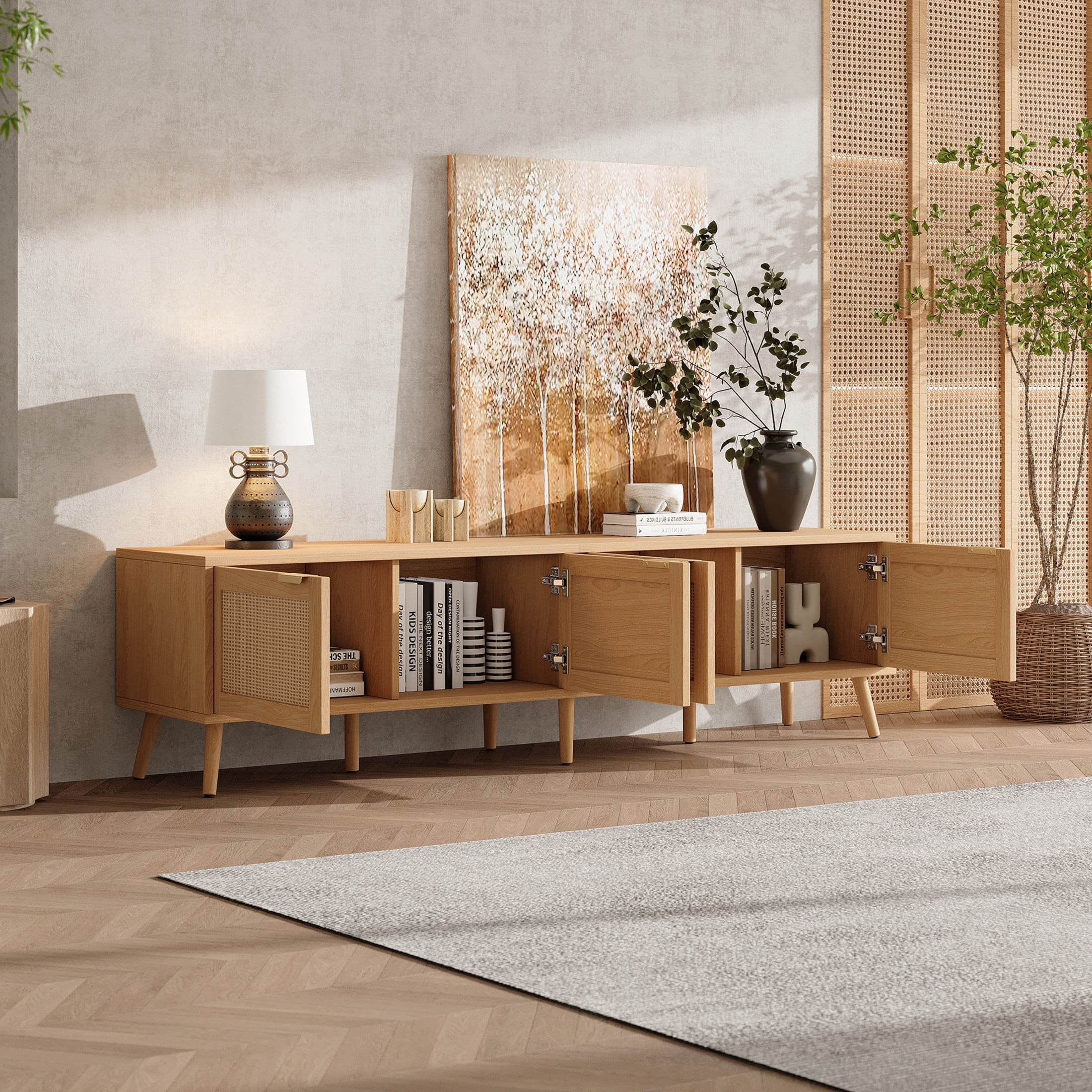Noble House TV Stand for TVs up to 80" with Rattan Doors and Cable Management, Natural