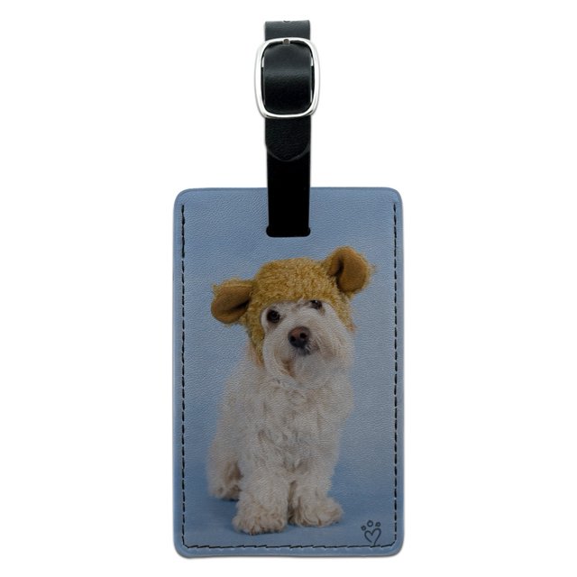 Bichon Maltese Puppy Dog Wearing Bear Hat Rectangle Leather Luggage Card Suitcase Carry-On ID Tag