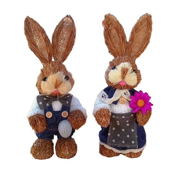 AYktou Easter Decorations-2pcs Standing Straw Rabbit Rustics Easter Bunny Figurines with Carrot/Flower/Eggs Spring Decor for Home Farmhouse Office Kitchen Tabletop Ornament