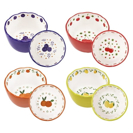 Bico Cartoon Fruit Pop Scalloped Ceramic Cereal Bowls, Set of 4, Microwave & Dishwasher Safe, Assorted Colors