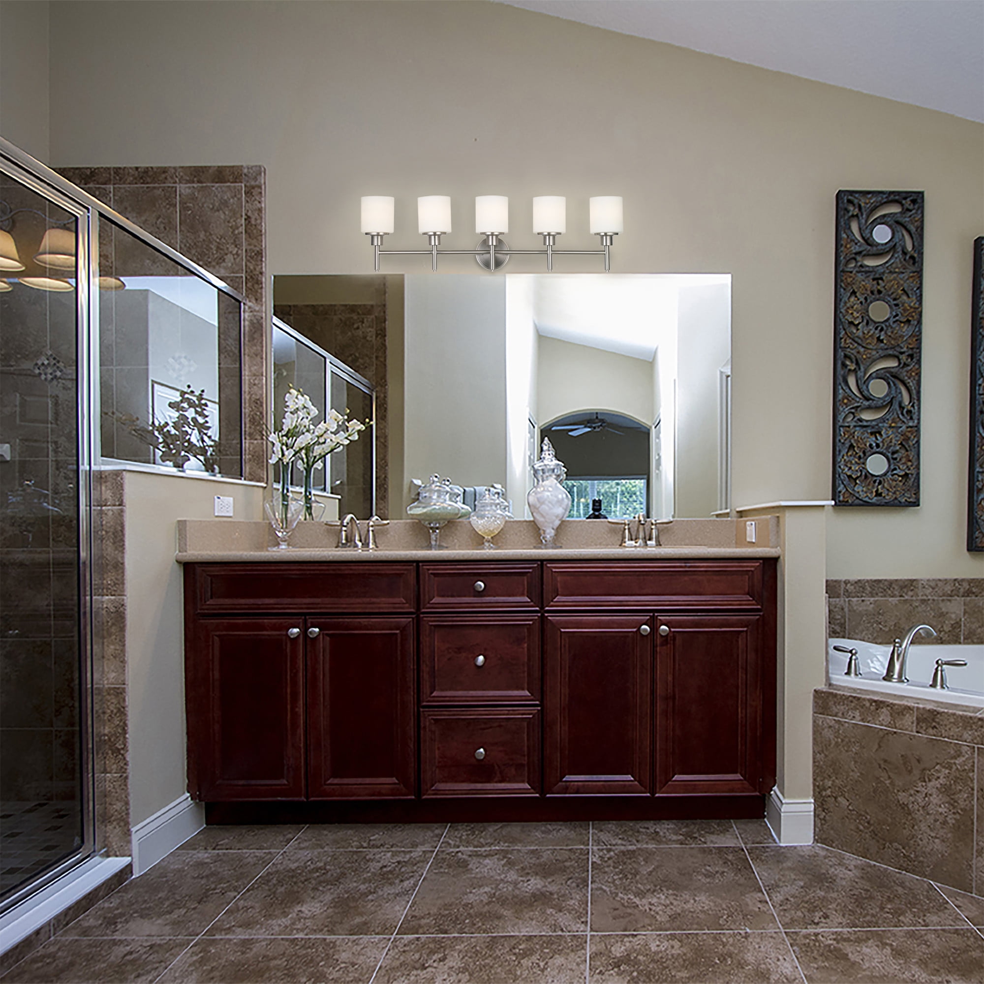 Design House 556225 Aubrey Transitional 5 Light Indoor Bathroom Vanity Light Dimmable Frosted Glass For Over The Mirror Satin Nickel Walmart Com Walmart Com
