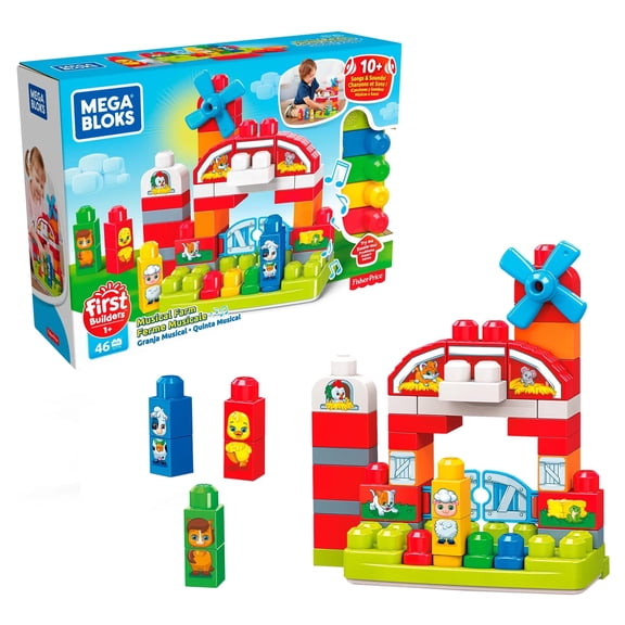 MEGA BLOKS First Builders Musical Farm with Big Building Blocks (46 Toy Blocks) for Toddler