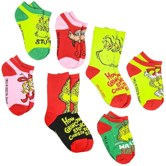 Dr Seuss Kids How The Grinch Stole Christmas Week Of Socks Mix and Match 7 Pairs Gift Box Set (Sock Size 7-9)