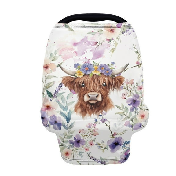 Renewold Highland Cow Floral Violet Car Seat Covers Baby Car Canopy Shopping Cart Cover Scarf Lightweight Stroller Cover Women Mother Nursing Breastfeeding Covers