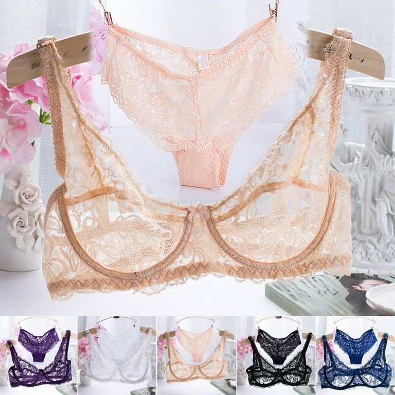 Ruibeauty Women Lace Embroidery Underwear Sexy 3/4 cup thin Transparent Bra  Panty Set