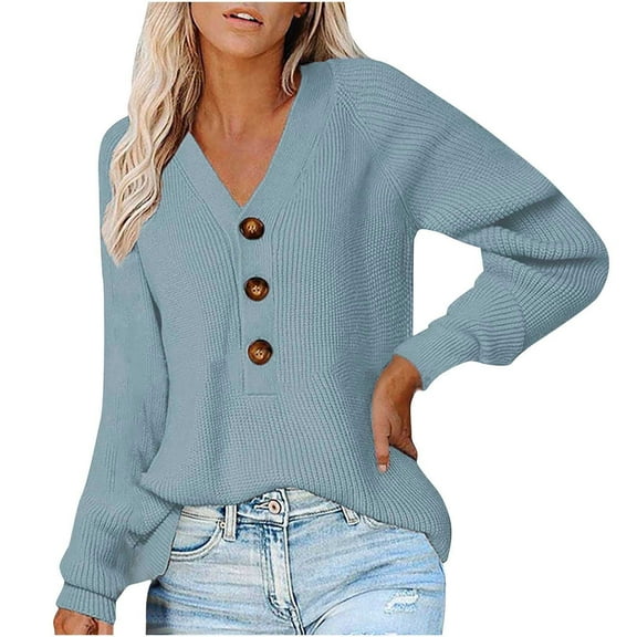 JGGSPWM Solid Crochet Knit Sweaters for Womens Fall Trendy Tops Button Up Henley V Neck Long Sleeve Pullover Cute Comfy Jumper Casual Elegant Sweater Light Blue L