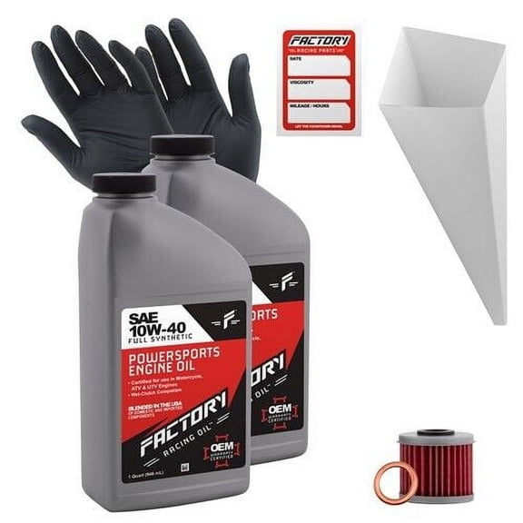 Factory Racing Parts Oil Change Kit compatible with Honda CRF250R, CRF250RX – Includes 2 Quarts of 10W-40 Full Synthetic Oil, 1 Filter, 1 Crush Washer, 1 Funnel, 1 Oil Change Sticker