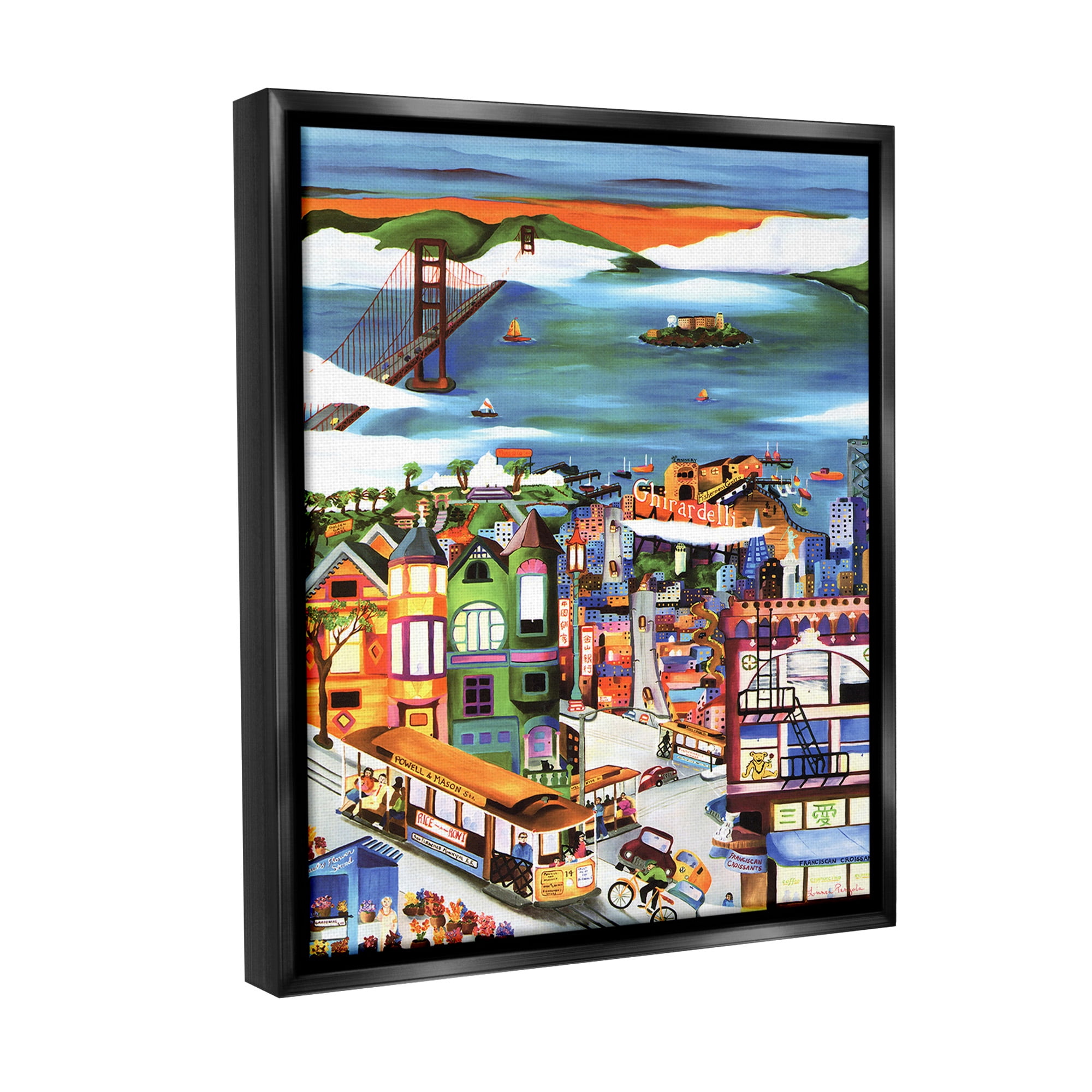 Stupell Industries Bustling Seaside Town Landscape Painting Black Floater Framed Canvas Art Print Wall Art, 17 x 21
