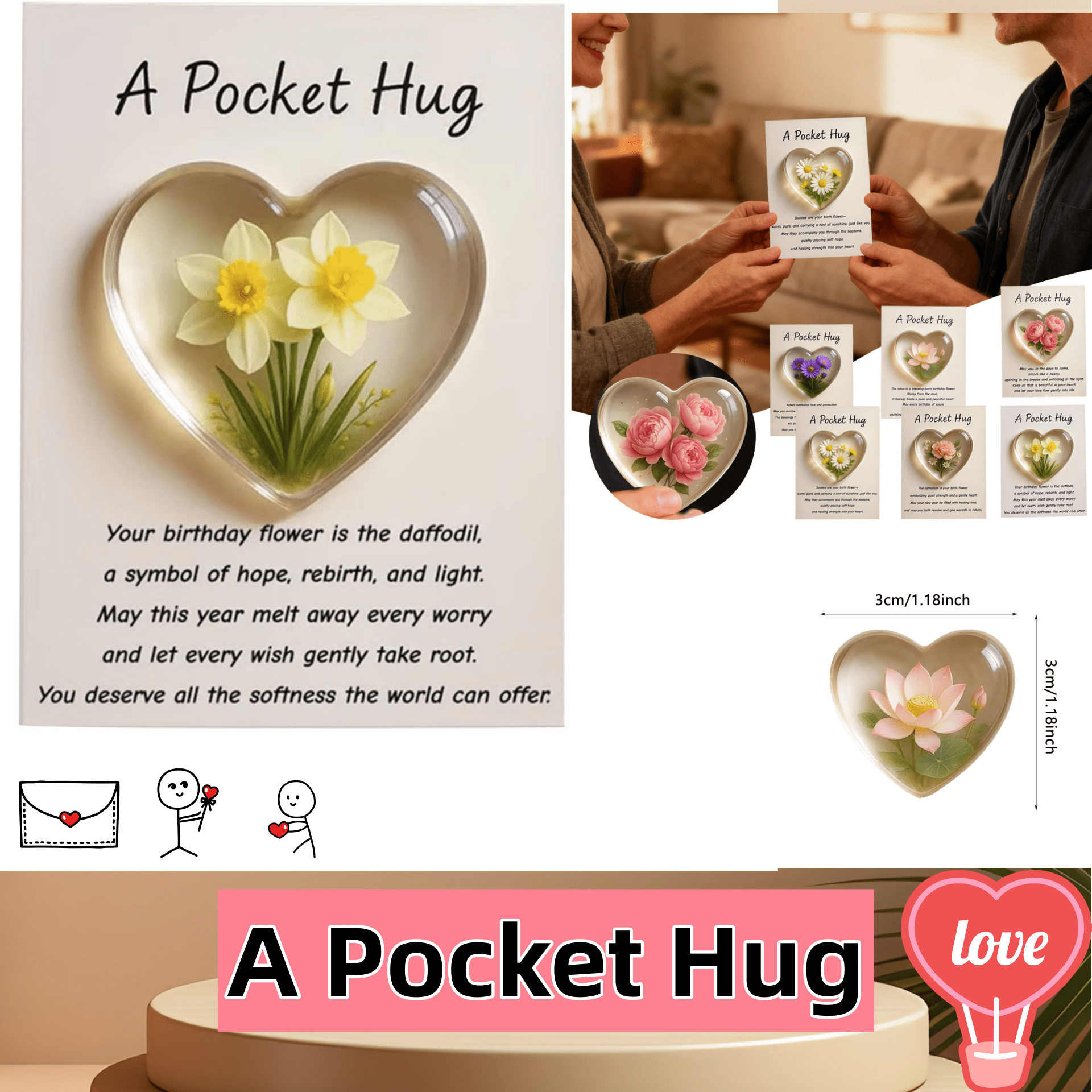 1Pc Pocket Hug Card with Heart Mini Flower DIY Sentimental Gift for Encouragement Anxiety Relief & Emotional Support Inspirational Keepsake for Friends Family & Loved Ones Valentine s Day Gift(F)
