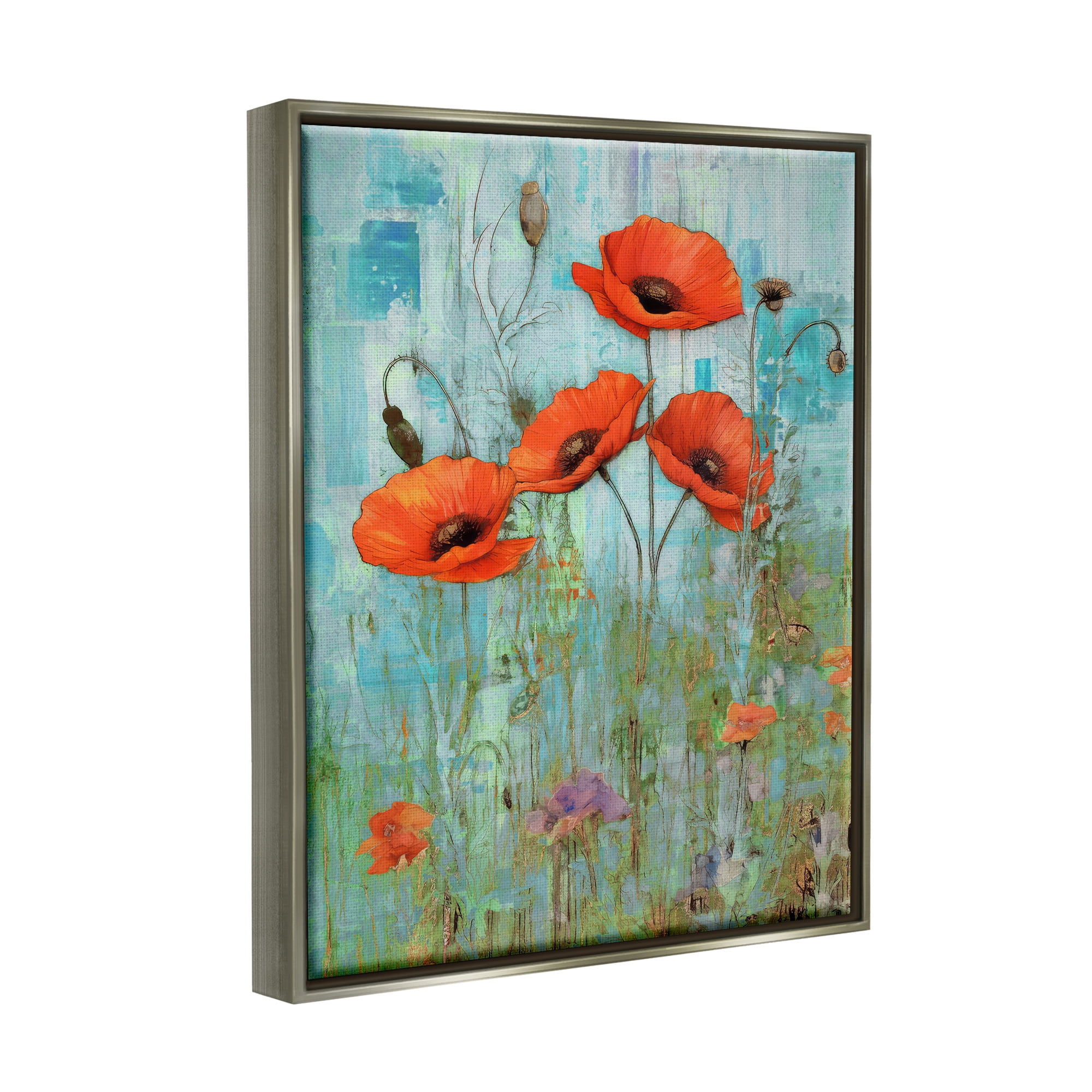 Stupell Industries Poppy Meadow on Blue Botanical & Floral Painting Gray Floater Framed Canvas Art Print Wall Art, 25 x 31