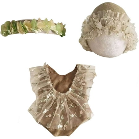 

VEGCOO 3 PCS Newborn Photography Props with Baby Lace Rompers Hat Flower Headband Vest Floral Classic Outfits for Girl Princess Twins Birthday Party (0-3 months)