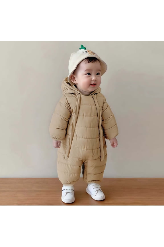 Boys Girls Winter Zipper Down Rompers Warm Zipper Hooded Puffer Jumpsuit Cute Overalls Soft Comfort Outerwear Thicken Warm Romper (Khaki,18-24 Months)