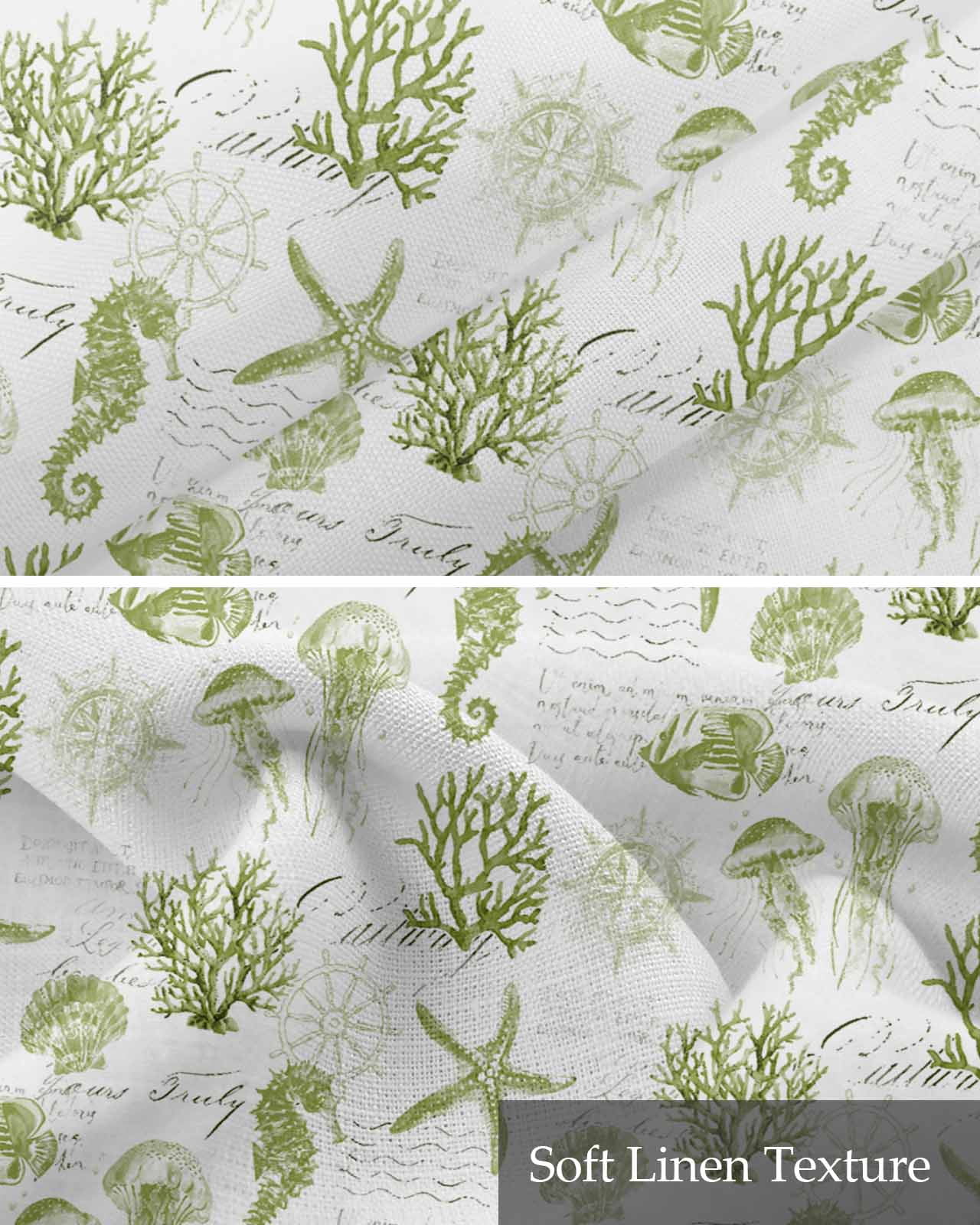 Sage Green Coastal Kitchen Valances for Windows Farmhouse Linen Window Valance Curtain for Living Room Window Treatment Starfish Jellyfish Fish Coral Shells Valance Rod Pocket Topper, 60 x 18 Inch