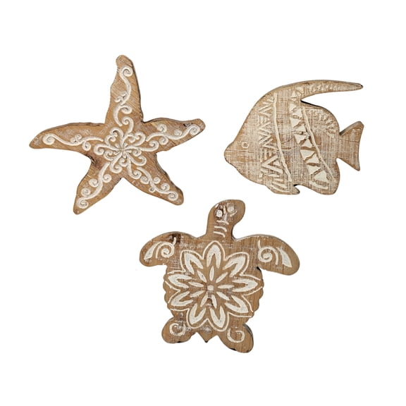 3 Pcs Nautical Wood Décor Set – Starfish, Fish & Sea Turtle–Ocean Marine Tropical Rustic Accents for Home,Bedroom,Bathroom,Living Room, Beach House Wall & Tabletop Decoration Coastal Beach Theme Gift
