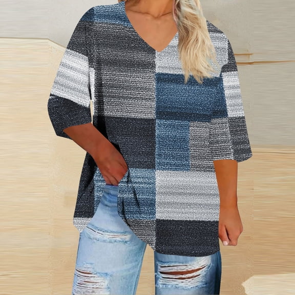 Jsaierl 3/4 Sleeve Tops for Women Plus Size V Neck Shirts Fashion Graphic Petite Blouses Work Elegant Tunic Top S-5XL