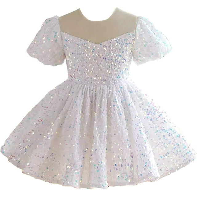 Girls Sequin Pageant Short Dresses Off Shoulder Girl Party Gown Silver White