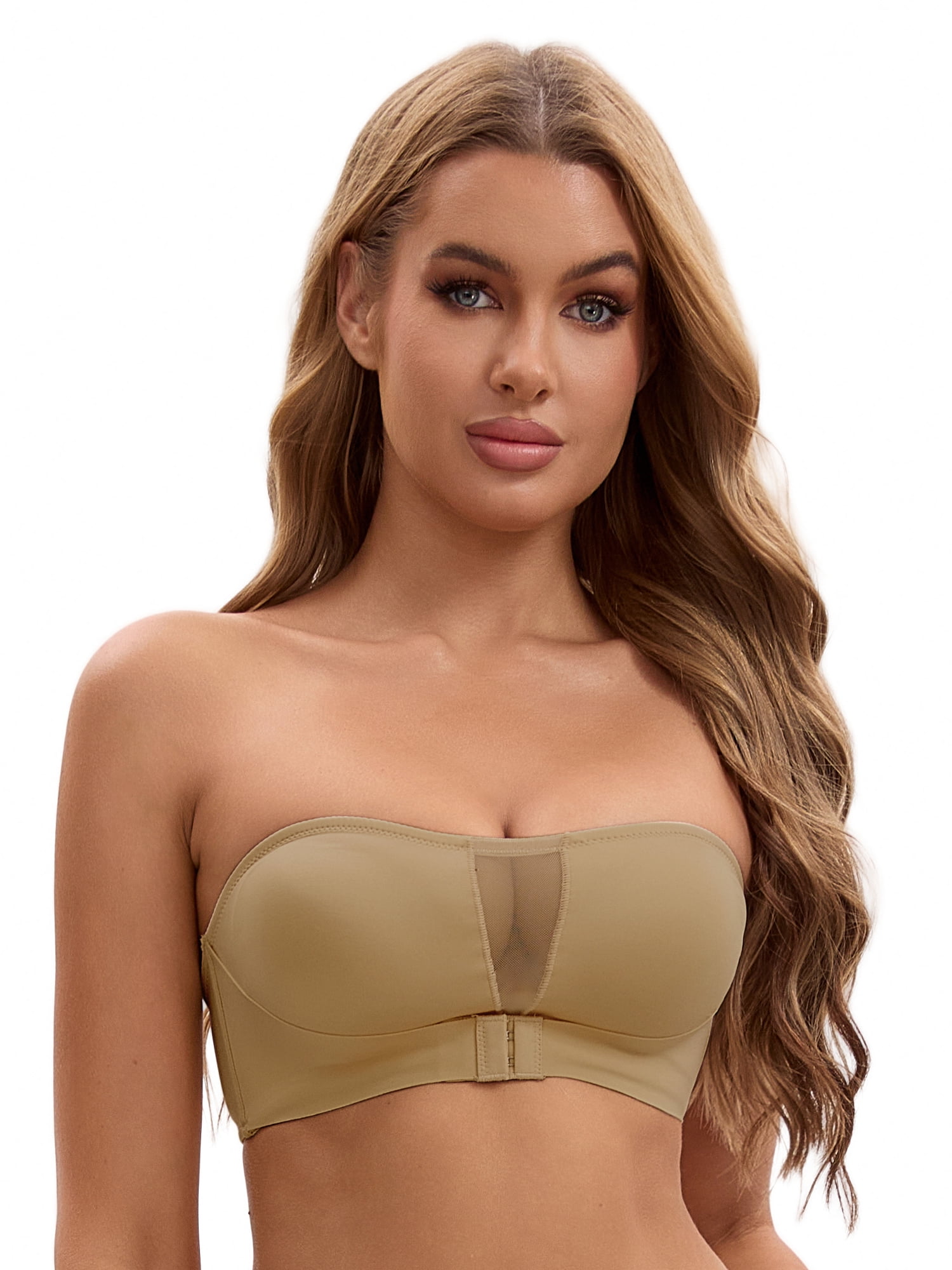 Unique Bargains Women's Front Closure Wirefree Strapless Tube Bras XL Khaki