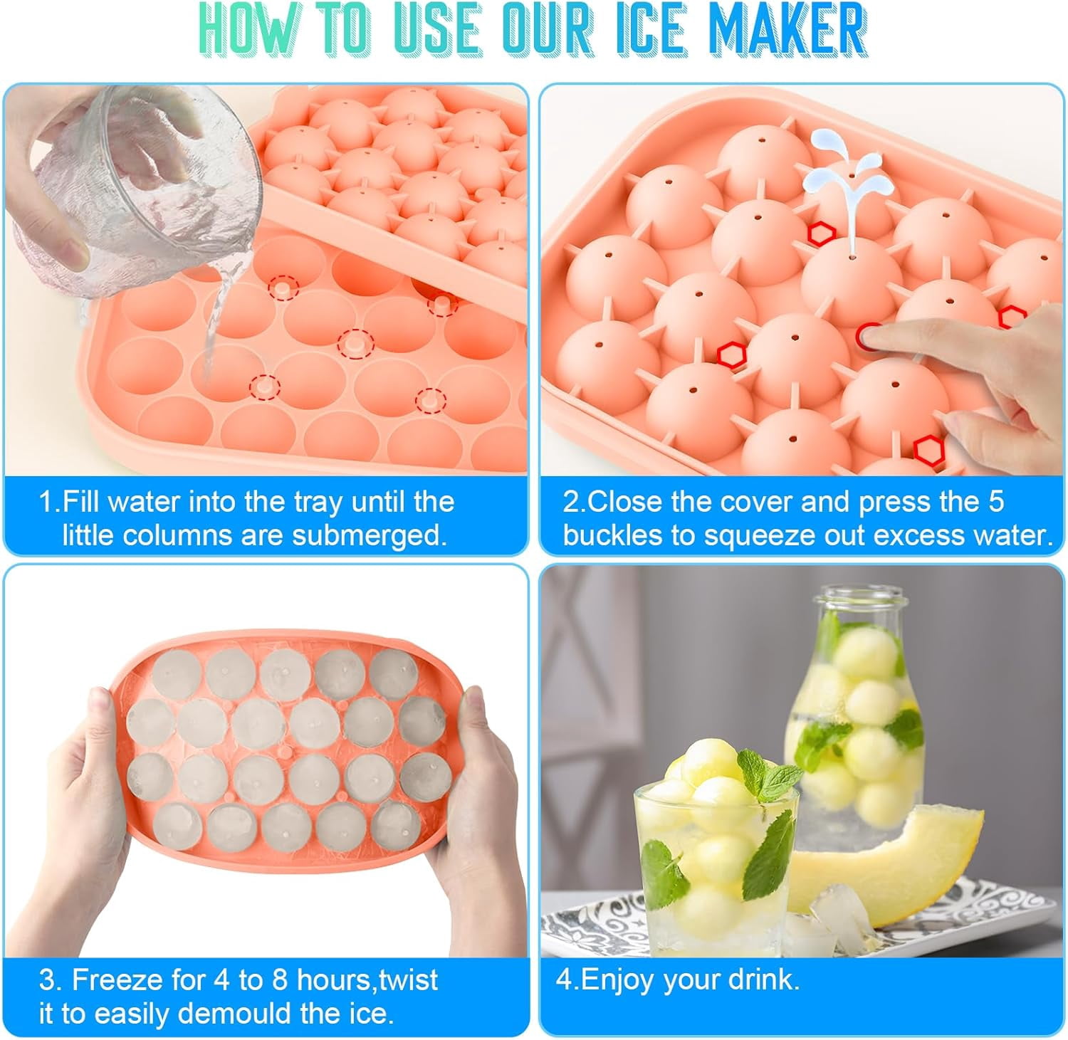 Ice Cube Tray for Freezer, 2 Pack Silicone Ice Balls Maker with Lid BPA Free Easy-Release Ice Cube Molds, DIY Homemade Round Ice Cubes for Whiskey, Cocktails, Coffee (Pink)