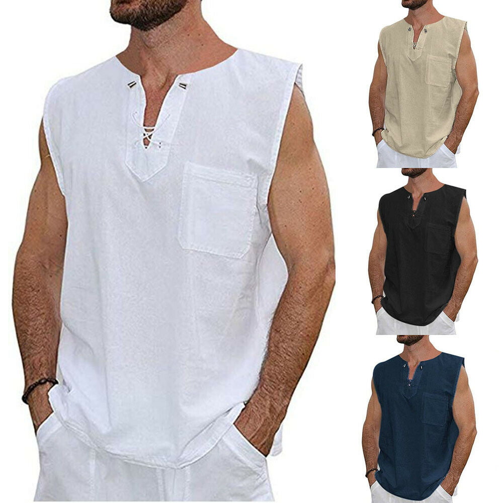 Summer Mens Cotton Linen T Shirt Henley Tops Casual Loose V Neck ...