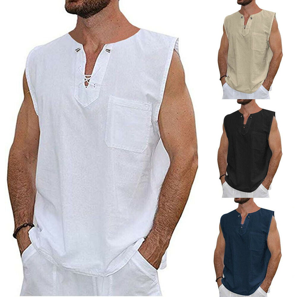 Nituyy - Summer Mens Cotton Linen T Shirt Henley Tops Casual Loose V ...