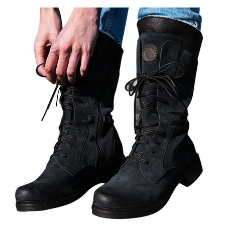

TALKVE Women s Vintage Lace Up Round Toe Keep Warm Middle Cowboy Boots For Women Shoes