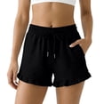 thumbnail image 3 of Women's Solid Color Shorts Liweisiy Drawstring Elastic Waist Ruffled Hem Loose Shorts Summer Casual Classic Shorts Black L, 3 of 7
