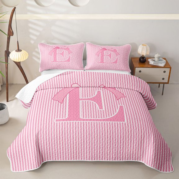 Erosebridal Cute Striped E Letter Twin Quilt Set for Teens, Princess Stripe Bow Ribbon Twin Coverlet Set, 2 Pieces