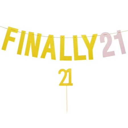 Birthday Party Banner - Finally 21 - Gold Bunting Flag Banner with Cake Topper, Party Decoration for Adults, 21st Birthday Celebrating Party Supplies, 5.5 (Best Way To Celebrate 21st Birthday)